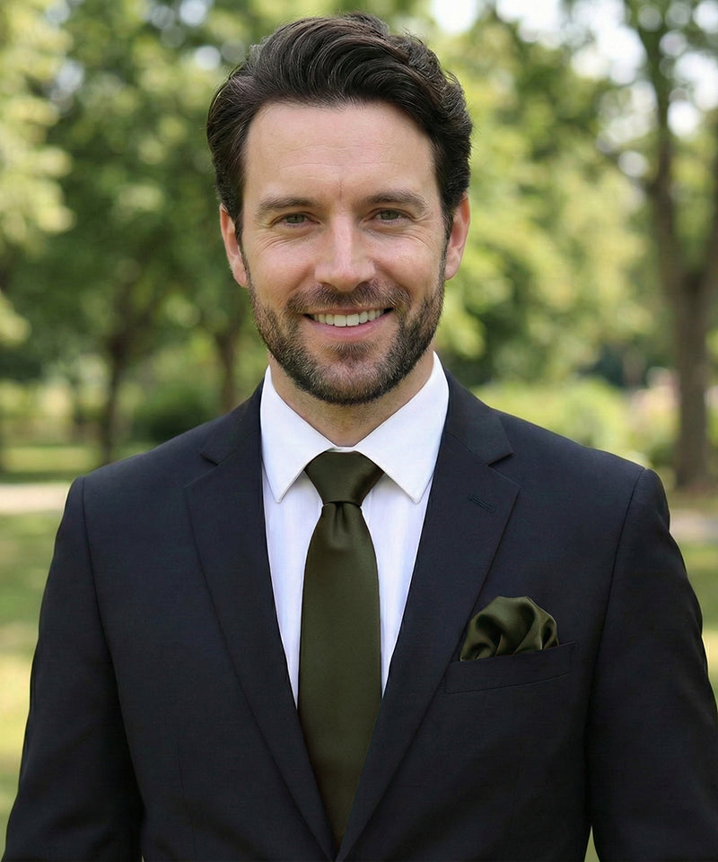 Dark Olive Tie and Pocket Square Set