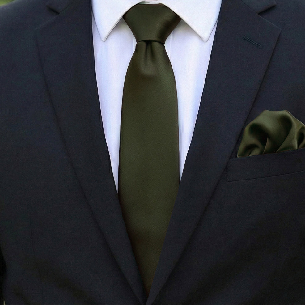 Dark Olive Tie and Pocket Square Set