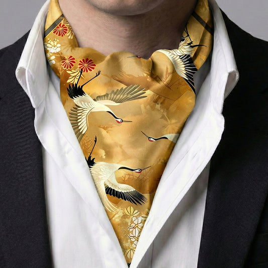 Ascot-Krawatte aus echter Seide mit goldenen Blumenkranichen