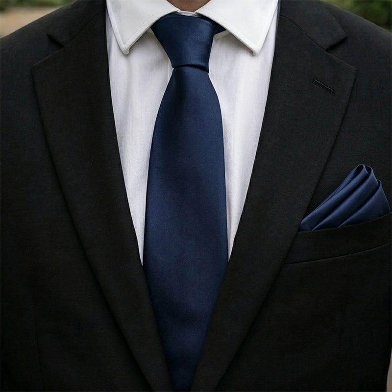 Dark Navy Midnight Blue Tie and Pocket Square Set