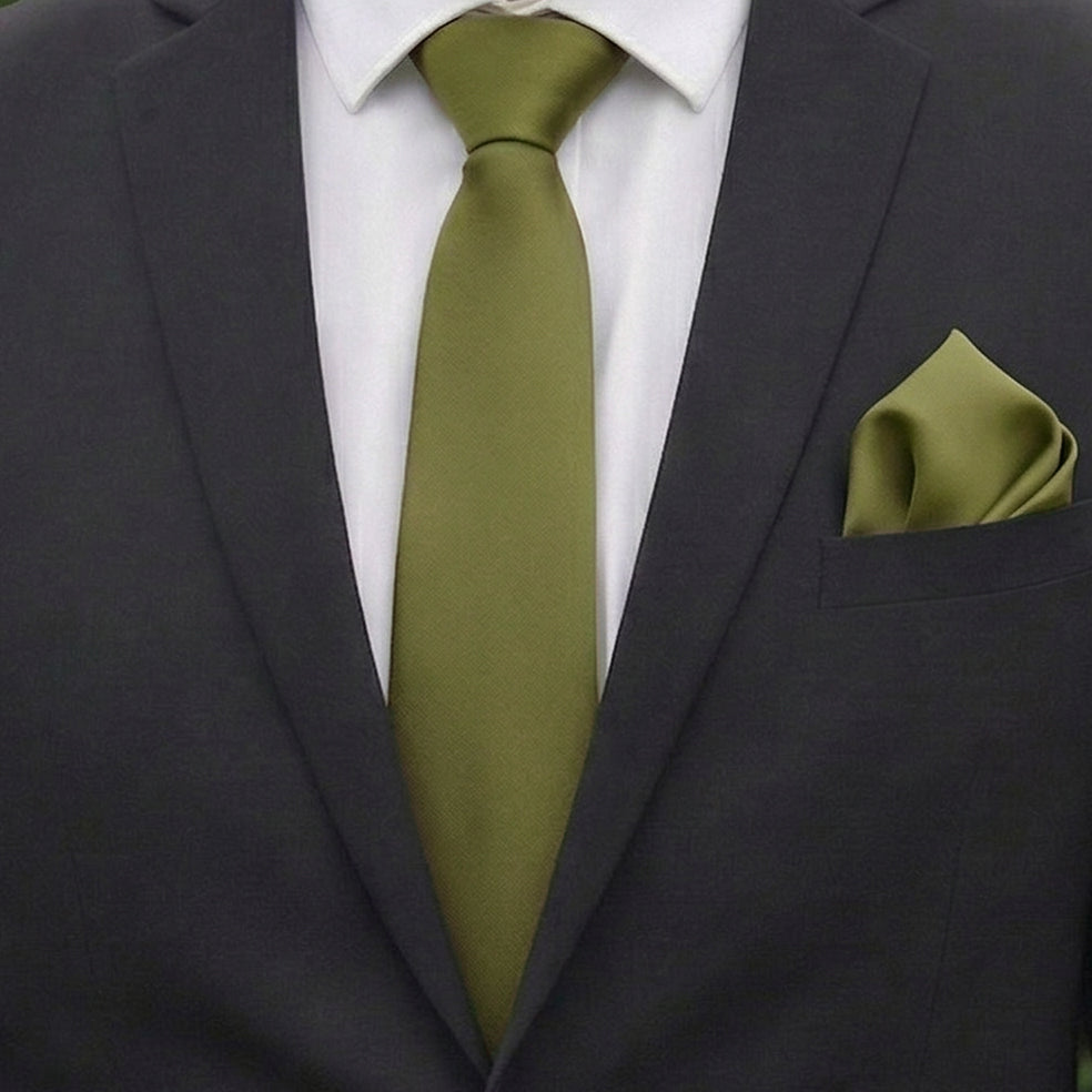 Olive Green Tie and Pocket Square Set