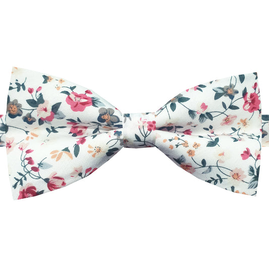 White with Red, Green & Coral Floral Bow Tie